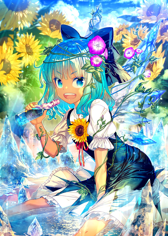 1girl bangs blue_bow blue_dress blue_eyes blue_hair bottle bow cirno commentary_request day dress flower holding holding_bottle ice ice_wings in_water looking_at_viewer morning_glory outdoors puffy_short_sleeves puffy_sleeves ramune red_ribbon ribbon short_sleeves sitting smile solo summer sunflower sunlight tan teeth touhou water wings zounose