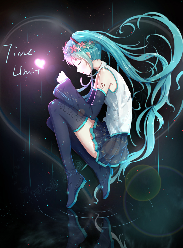 1girl aqua_hair boots byakuya_reki closed_eyes fetal_position hatsune_miku head_wreath long_hair necktie revision skirt solo thigh-highs thigh_boots twintails very_long_hair vocaloid