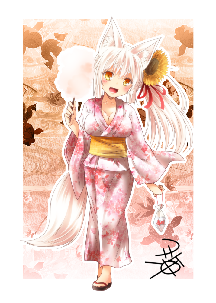 1girl animal_ears blush breasts cleavage cotton_candy fang flower fox_ears fox_tail framed_image hair_flower hair_ornament japanese_clothes kimono kohaku_(yua) koi large_breasts long_hair obi open_mouth original sash slit_pupils smile solo sunflower_hair_ornament tail thick_eyebrows white_hair yellow_eyes yua_(checkmate) yukata