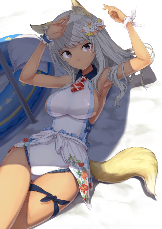 1girl animal_ears arms_up bangs beach breasts day eyebrows_visible_through_hair flower fox_ears fox_tail grey_hair hair_flower hair_ornament innertube large_breasts lying maeda_risou on_back one-piece_swimsuit original outdoors parted_lips shade sideboob solo swimsuit tail tan thighs umbrella violet_eyes white_flower white_swimsuit