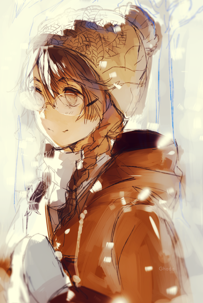 1girl artist_name backlighting bangs beanie braid breath brown_eyes brown_hair eyebrows_visible_through_hair ghada_(wan) glasses hands_together hat hood long_hair long_sleeves mittens original scarf sketch smile snowing solo twin_braids white_hat white_scarf winter_clothes