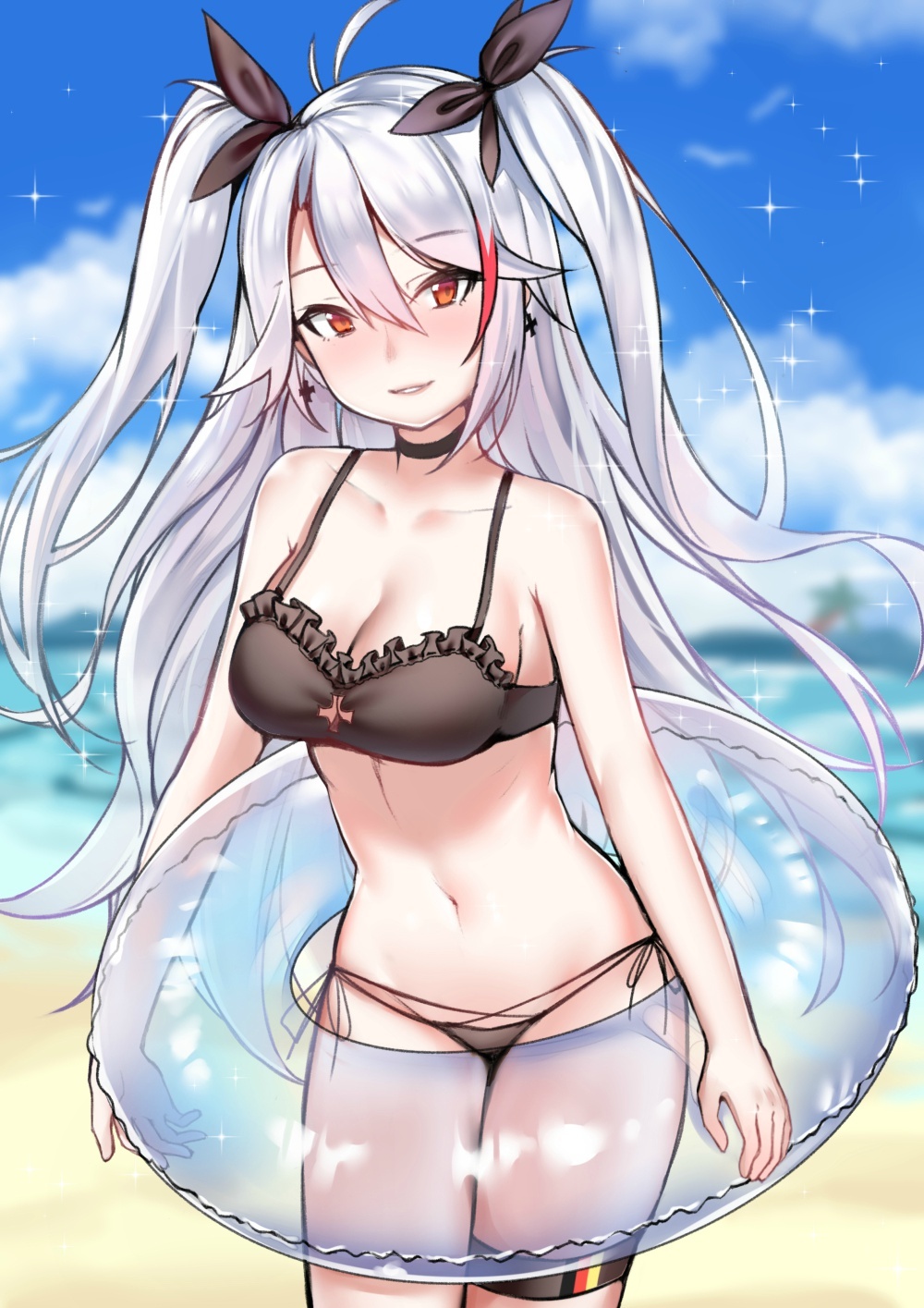 1girl bikini bilan_hangxian black_bikini blue_sky breasts choker clouds cloudy_sky day earrings eyebrows_visible_through_hair german_flag hair_between_eyes highres innertube jewelry long_hair looking_at_viewer medium_breasts multicolored_hair navel outdoors parted_lips prinz_eugen_(bilan_hangxian) red_eyes side-tie_bikini silver_hair sky smile solo streaked_hair sunege_(hp0715) swimsuit thigh_strap twintails