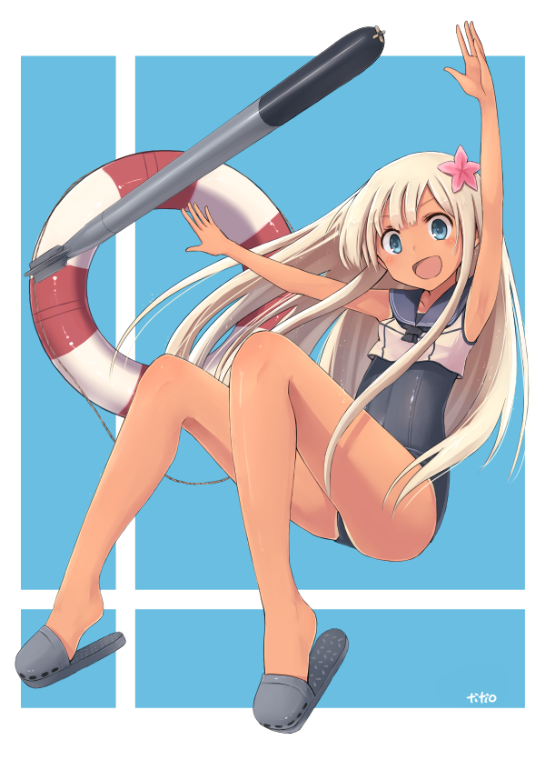 1girl :d arms_up azu_(azusayumix) bad_id bad_pixiv_id bare_legs bare_shoulders blonde_hair blue_eyes blush crop_top flower hair_flower hair_ornament kantai_collection lifebuoy long_hair looking_at_viewer neckerchief open_mouth revision ro-500_(kantai_collection) sailor_collar school_swimsuit slippers smile solo swimsuit swimsuit_under_clothes torpedo