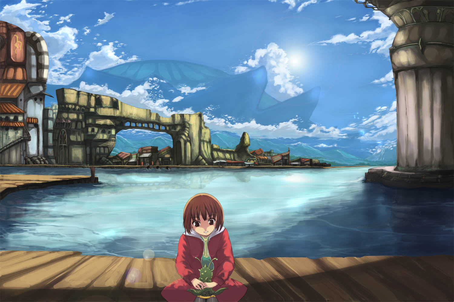 1girl ???_(artist) black_eyes brown_hair building child day eyebrows_visible_through_hair original outdoors parted_lips scenery shaded_face short_hair sitting smile solo water