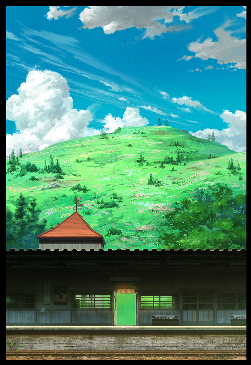 blue_sky border building clouds cloudy_sky commentary_request day door grass highres hill hosoi_mikio no_humans original outdoors photoshop plant railroad_tracks scenery sky train_station tree windowboxed