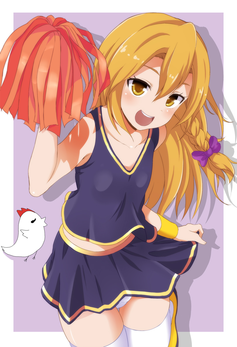 1boy black_skirt blonde_hair blush bow brown_eyes cheerleader collarbone cookie_(touhou) genderswap genderswap_(ftm) hair_bow kirisame_marisa long_hair looking_at_viewer marine_(46586031) open_mouth panties pom_poms purple_bow rei_(cookie) skirt smile solo thigh-highs touhou trap underwear white_legwear white_panties