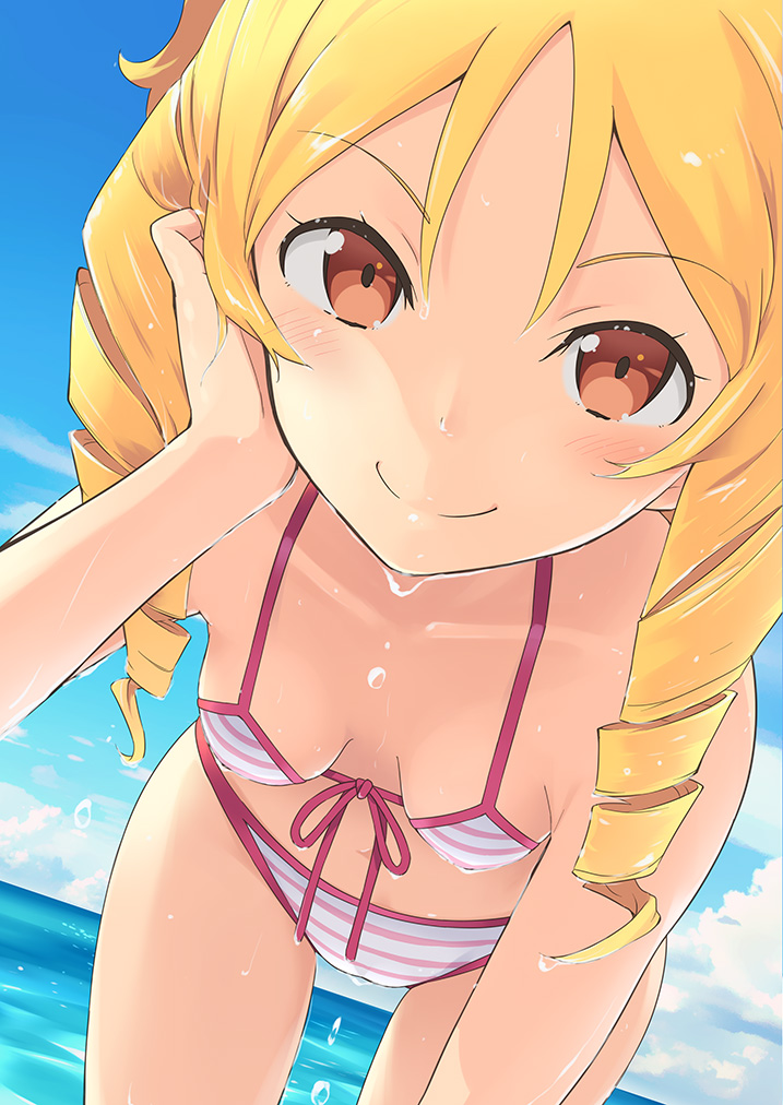 10s 1girl bare_arms bare_shoulders beach bent_over bikini blue_sky blush breasts brown_eyes clouds day drill_hair eromanga_sensei errant hand_in_hair leaning_forward looking_at_viewer navel ocean sky small_breasts smile solo striped striped_bikini swimsuit twin_drills wet yamada_elf