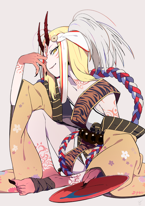 1girl blonde_hair closed_mouth cup fate/grand_order fate_(series) fingernails holding horns ibaraki_douji_(fate/grand_order) japanese_clothes knee_up long_hair looking_at_viewer oni_horns rope sakazuki sharp_fingernails shimenawa sidelocks sitting smile sohin solo tattoo yellow_eyes