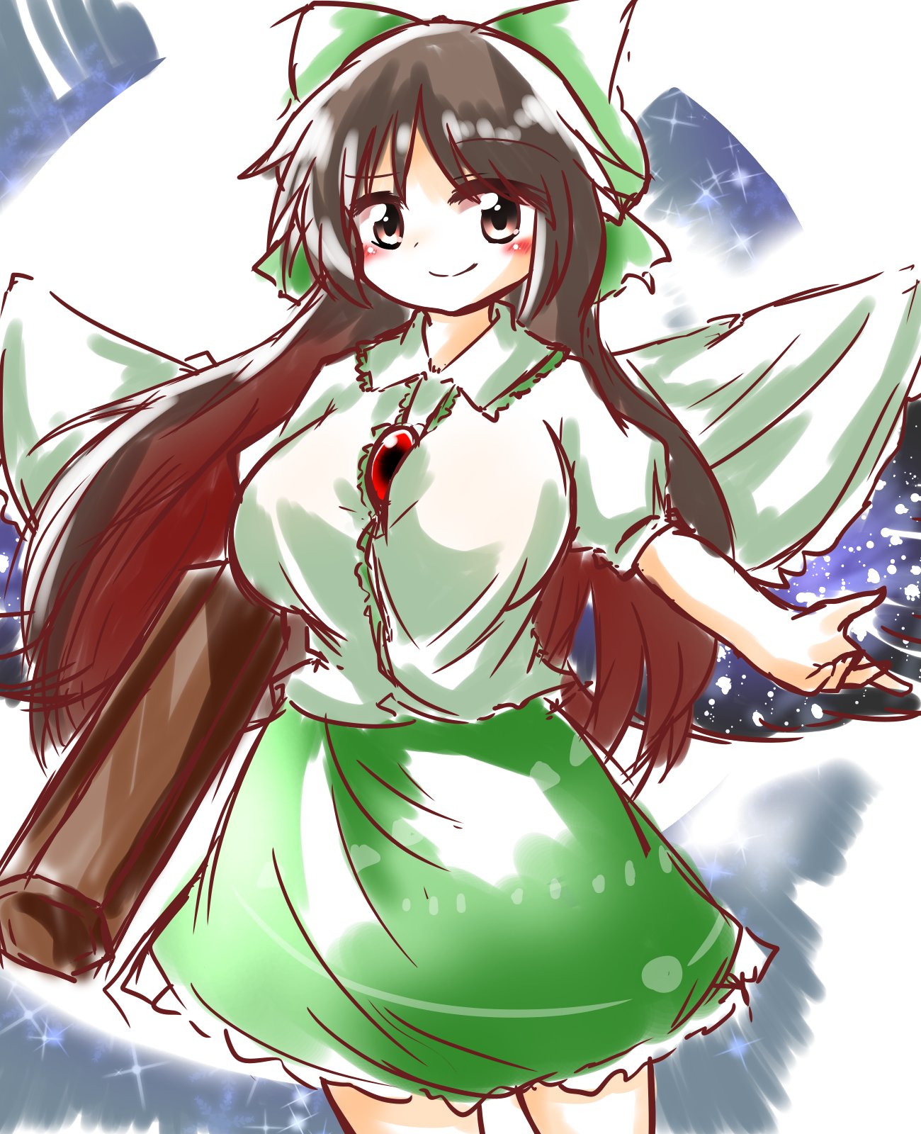 1girl arm_cannon black_hair blush bow breasts brown_eyes cape cocked_eyebrow enostal gradient_hair hair_bow highres large_breasts looking_at_viewer multicolored_hair redhead reiuji_utsuho skirt smile solo third_eye touhou weapon wings