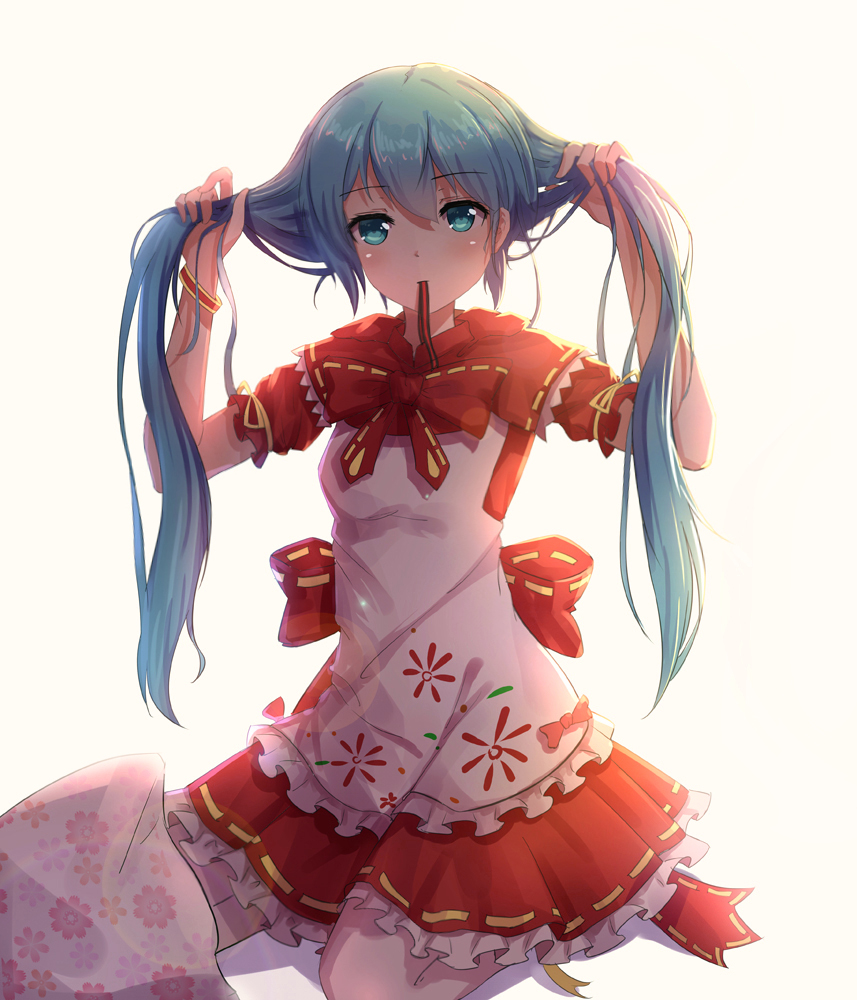 1girl backlighting blue_eyes blue_hair bow bunching_hair byakuya_reki cosplay hatsune_miku holding holding_hair little_red_riding_hood little_red_riding_hood_(cosplay) little_red_riding_hood_(grimm) long_hair looking_at_viewer mikuzukin_(module) mouth_hold project_diva_(series) puffy_sleeves revision ribbon_in_mouth shirt sitting skirt solo twintails very_long_hair vocaloid wariza