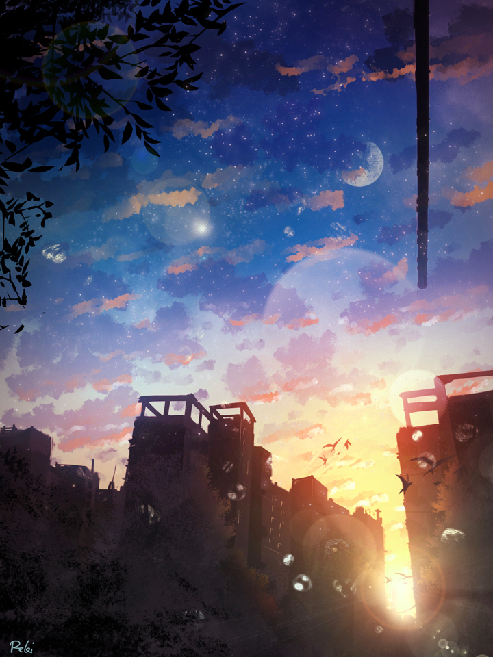 artist_name blue_sky byakuya_reki city clouds cloudy_sky evening lens_flare no_humans original scenery signature sky star_(sky) starry_sky sunset