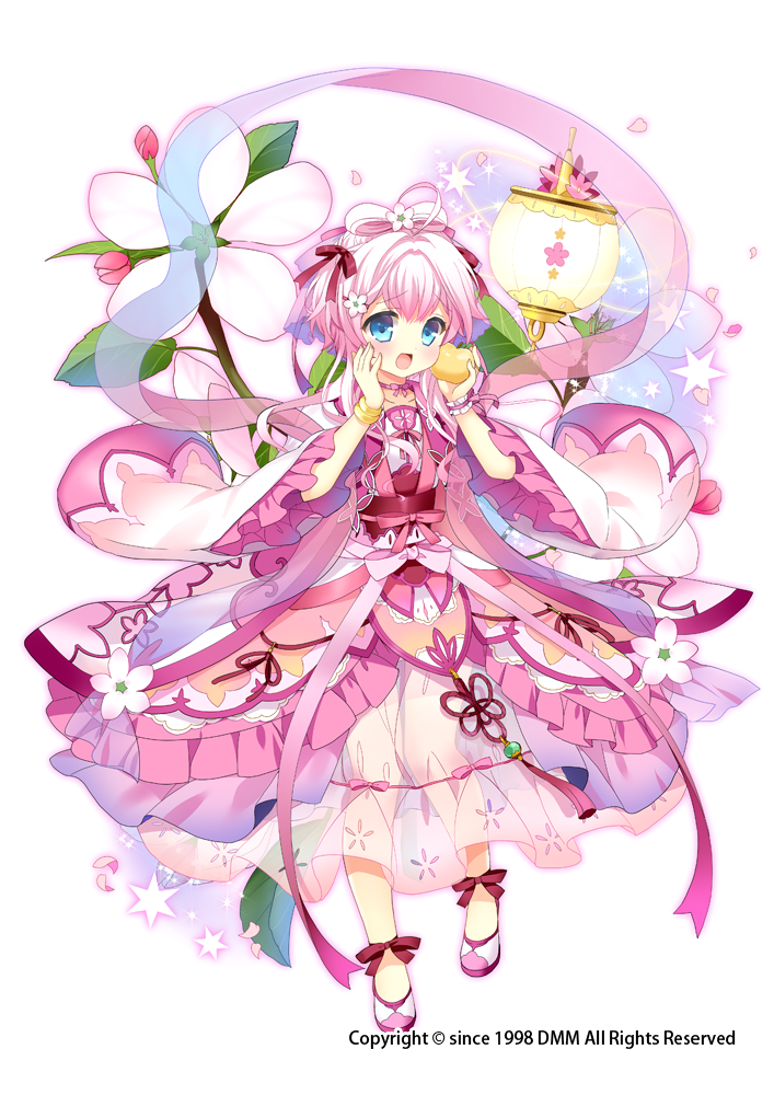 1girl :d ahoge apple blue_eyes bow bow_by_hair bracelet choker dress flower flower_knight_girl food fruit full_body hair_bow hair_flower hair_intakes hair_ornament jewelry kurot layered_dress looking_at_viewer object_namesake official_art open_mouth pink_choker pink_hair red_bow ribbon_choker ringo_(flower_knight_girl) see-through shoes short_hair smile solo