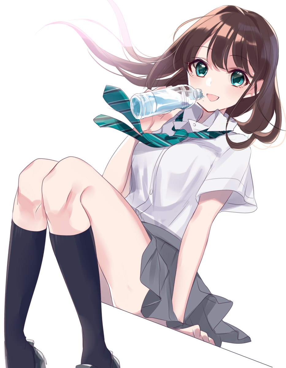 10s 1girl aqua_eyes black_legwear blue_necktie bottle brown_hair drinking grey_skirt highres idolmaster idolmaster_cinderella_girls kneehighs knees_together_feet_apart long_hair necktie pleated_skirt school_uniform shibuya_rin sinsihukunokonaka sitting skirt smile solo water water_bottle