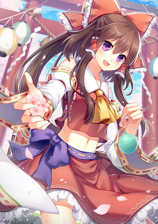 1girl :d bow brown_hair crop_top detached_sleeves floating_hair hair_bow hair_ornament hakurei_reimu hitsuki_rei long_hair looking_at_viewer midriff navel open_mouth pink_flower red_bow red_shirt red_skirt shirt sidelocks skirt sleeveless sleeveless_shirt smile solo standing stomach touhou violet_eyes