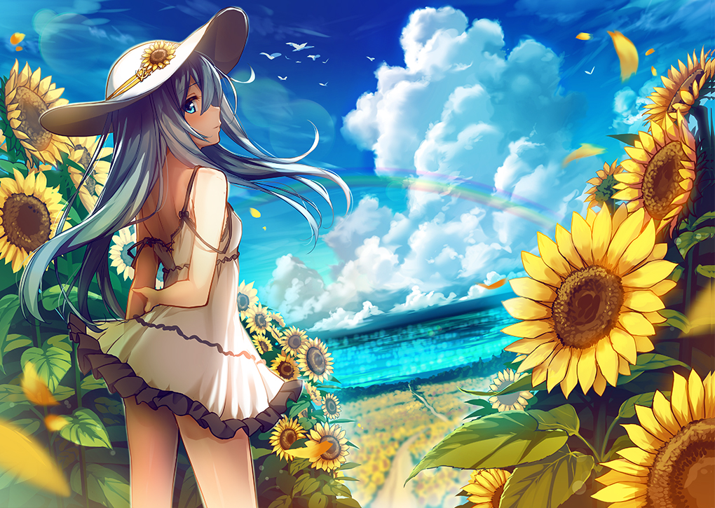 1girl alternate_costume blue_eyes clouds cloudy_sky day dress flower hat hibiki_(kantai_collection) kantai_collection long_hair petals rainbow silver_hair sky sleeveless sleeveless_dress solo standing sunflower verniy_(kantai_collection) white_dress white_hat yu-yuuki