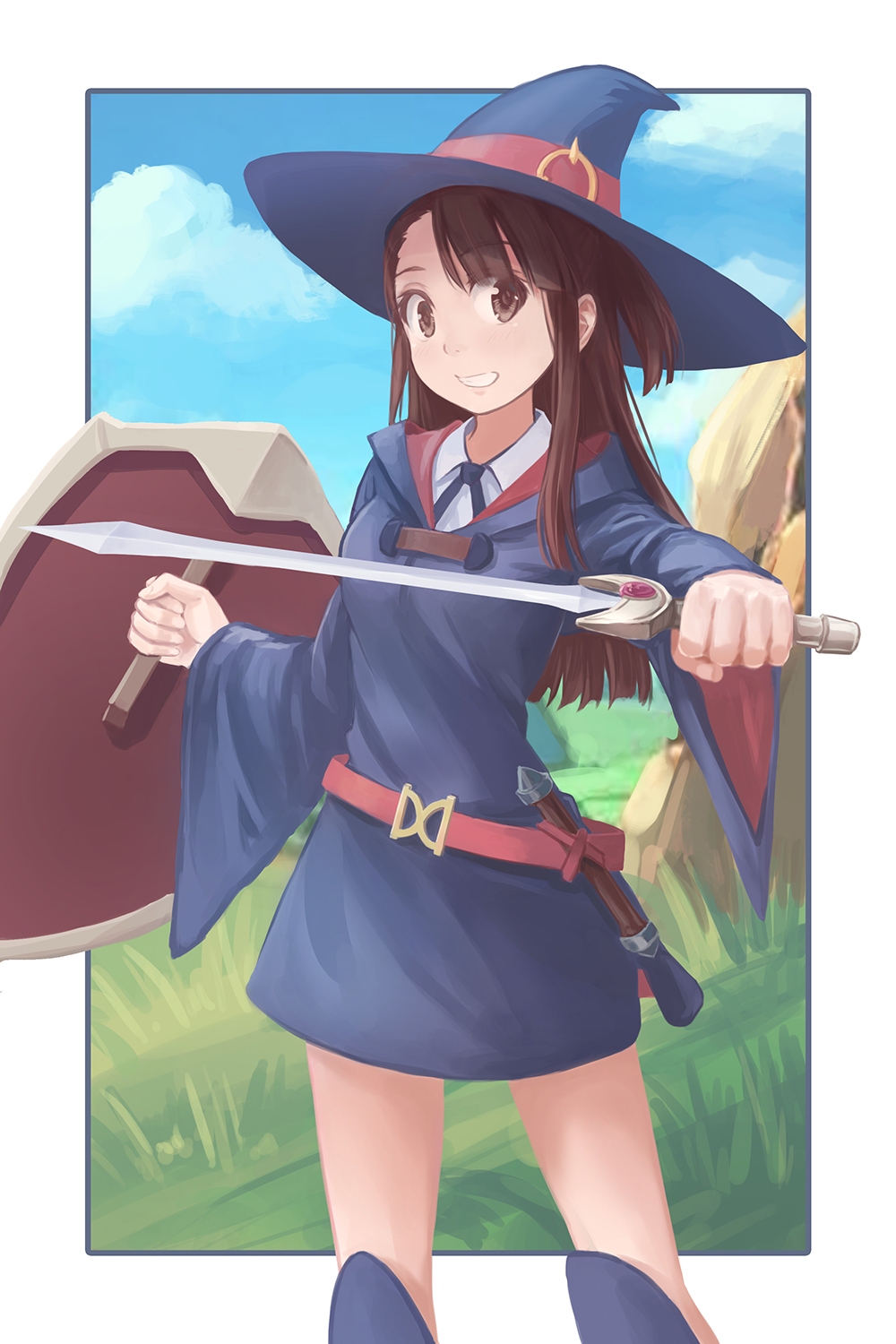 1girl bangs belt blue_hat blue_robe blunt_bangs breasts brown_eyes brown_hair clenched_hands clenched_teeth clouds cowboy_shot day grass hat highres holding holding_shield holding_sword holding_weapon kagari_atsuko knee_pads little_witch_academia long_hair looking_at_viewer medium_breasts red_belt redpoke robe rock shield short_sword sky smile solo sword teeth unsheathed wand weapon wide_sleeves witch witch_hat
