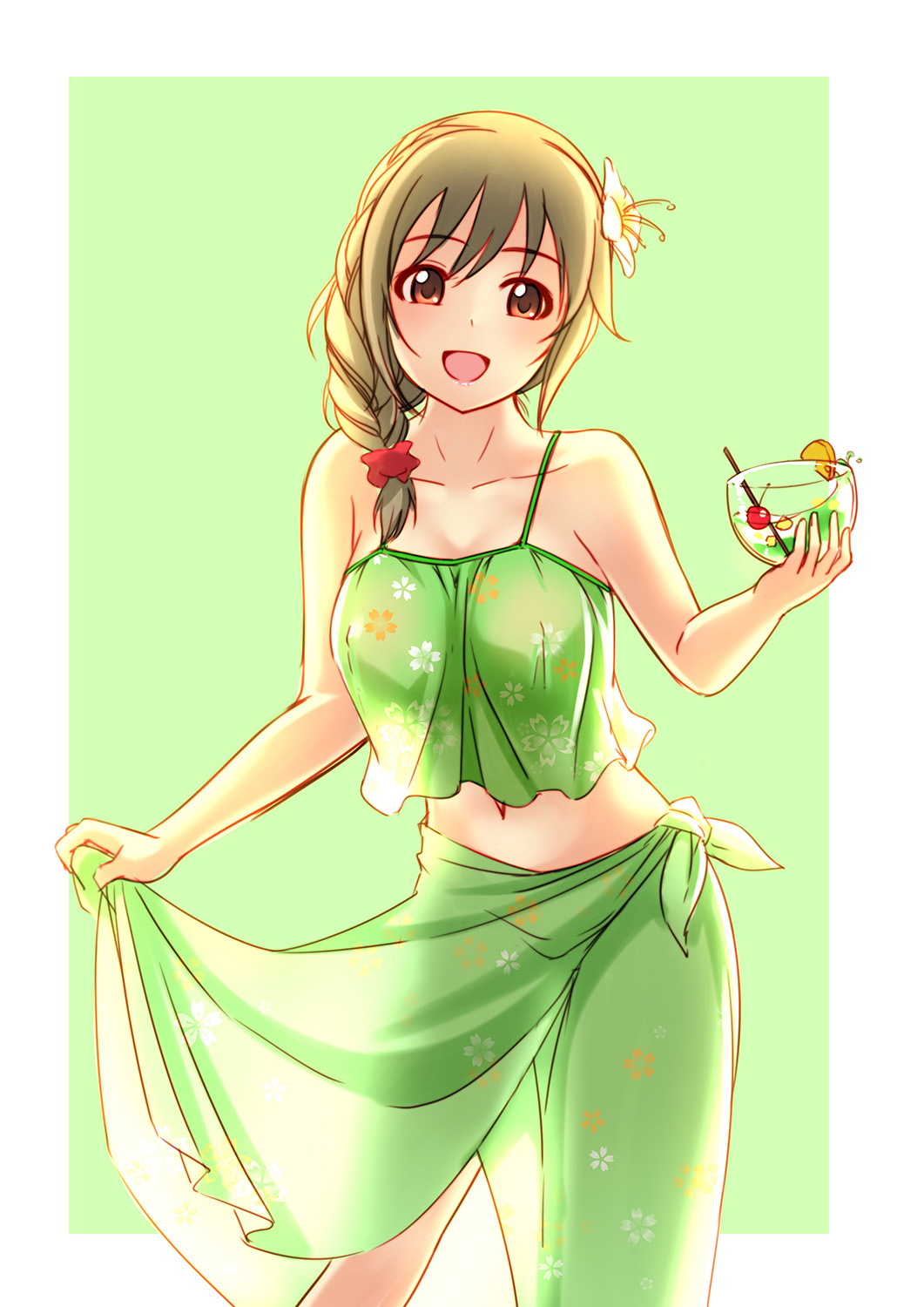 10s 1girl bare_shoulders blush breasts brown_eyes brown_hair cleavage collarbone cup drinking_glass drinking_straw eyebrows_visible_through_hair flower hair_flower hair_ornament highres holding holding_drinking_glass idolmaster idolmaster_cinderella_girls jakelian large_breasts looking_at_viewer navel open_mouth revision senkawa_chihiro smile solo