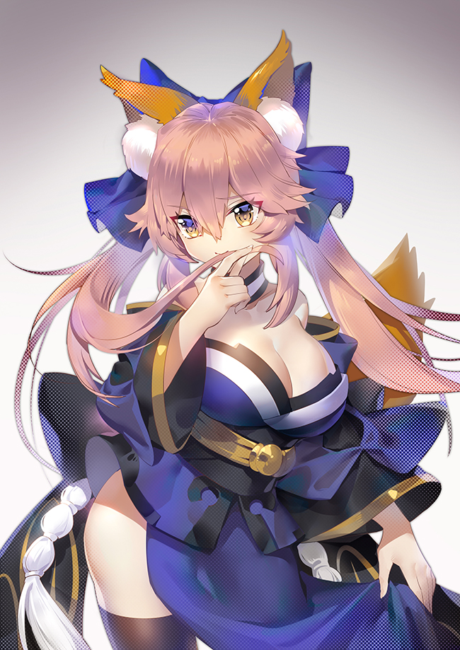 10s 1girl animal_ears balusah blue_legwear breasts cleavage detached_sleeves fate/extra fate/extra_ccc fate/grand_order fate_(series) fox_ears fox_tail hair_ribbon japanese_clothes large_breasts looking_at_viewer pink_hair revision ribbon solo tail tamamo_(fate)_(all) tamamo_no_mae_(fate) yellow_eyes