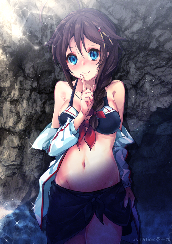 1girl adapted_costume ahoge bikini black_hair black_serafuku blue_eyes braid commentary_request finger_to_mouth hair_flaps hair_ornament hair_over_shoulder ittokyu kantai_collection long_hair navel remodel_(kantai_collection) sarong school_uniform serafuku shigure_(kantai_collection) single_braid solo swimsuit