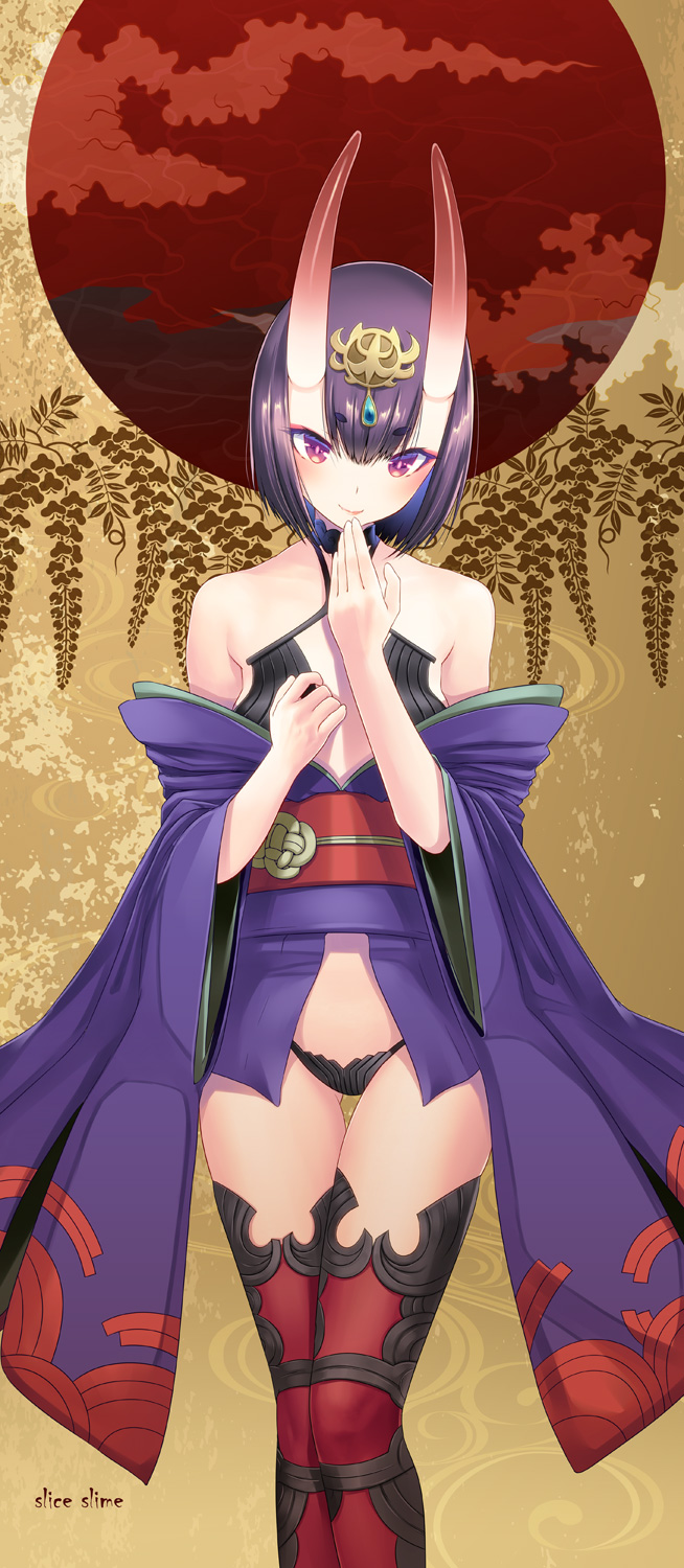 108_gou 1girl bare_shoulders black_legwear black_panties blush breasts closed_mouth commentary_request cowboy_shot fate/grand_order fate_(series) hair_between_eyes hair_ornament highres japanese_clothes kimono long_sleeves looking_at_viewer navel obi off_shoulder oni oni_horns panties purple_hair sash short_hair shuten_douji_(fate/grand_order) small_breasts smile solo thigh-highs tsurime underwear violet_eyes wide_sleeves