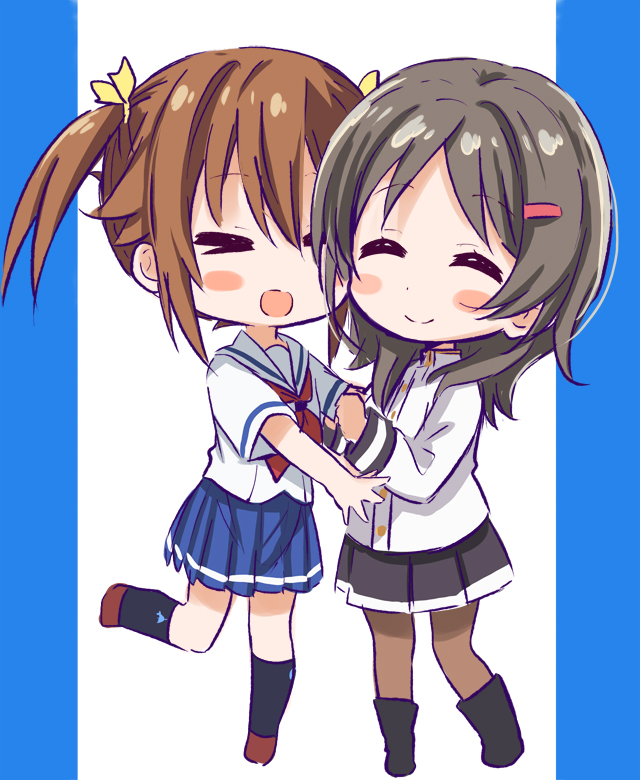 2girls abe_kanari black_hair black_skirt blue_eyes blue_skirt blush_stickers brown_hair chibi china_moeka closed_eyes high_school_fleet hug long_hair military military_uniform misaki_akeno multiple_girls neckerchief pantyhose pleated_skirt red_neckerchief school_uniform serafuku short_hair skirt twintails uniform white_sailor_collar