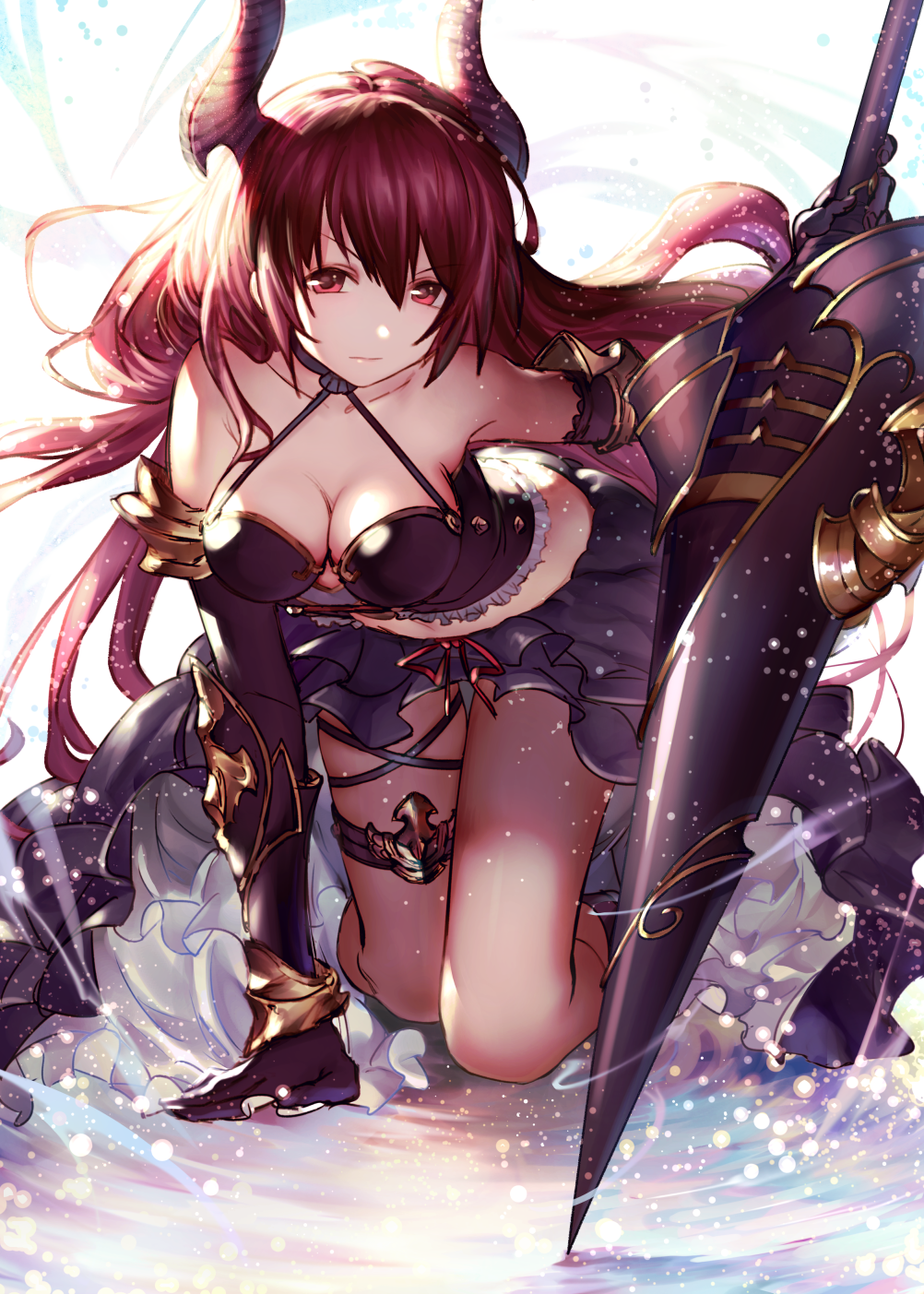 10s 1girl arm_support bangs bare_shoulders bent_knees breasts cleavage closed_mouth collarbone dress eyebrows_visible_through_hair forte_(shingeki_no_bahamut) gauntlets granblue_fantasy hair_between_eyes highres holding holding_weapon horns kneeling large_breasts long_hair looking_at_viewer red_eyes shingeki_no_bahamut solo thigh_strap vambraces weapon yurika0207