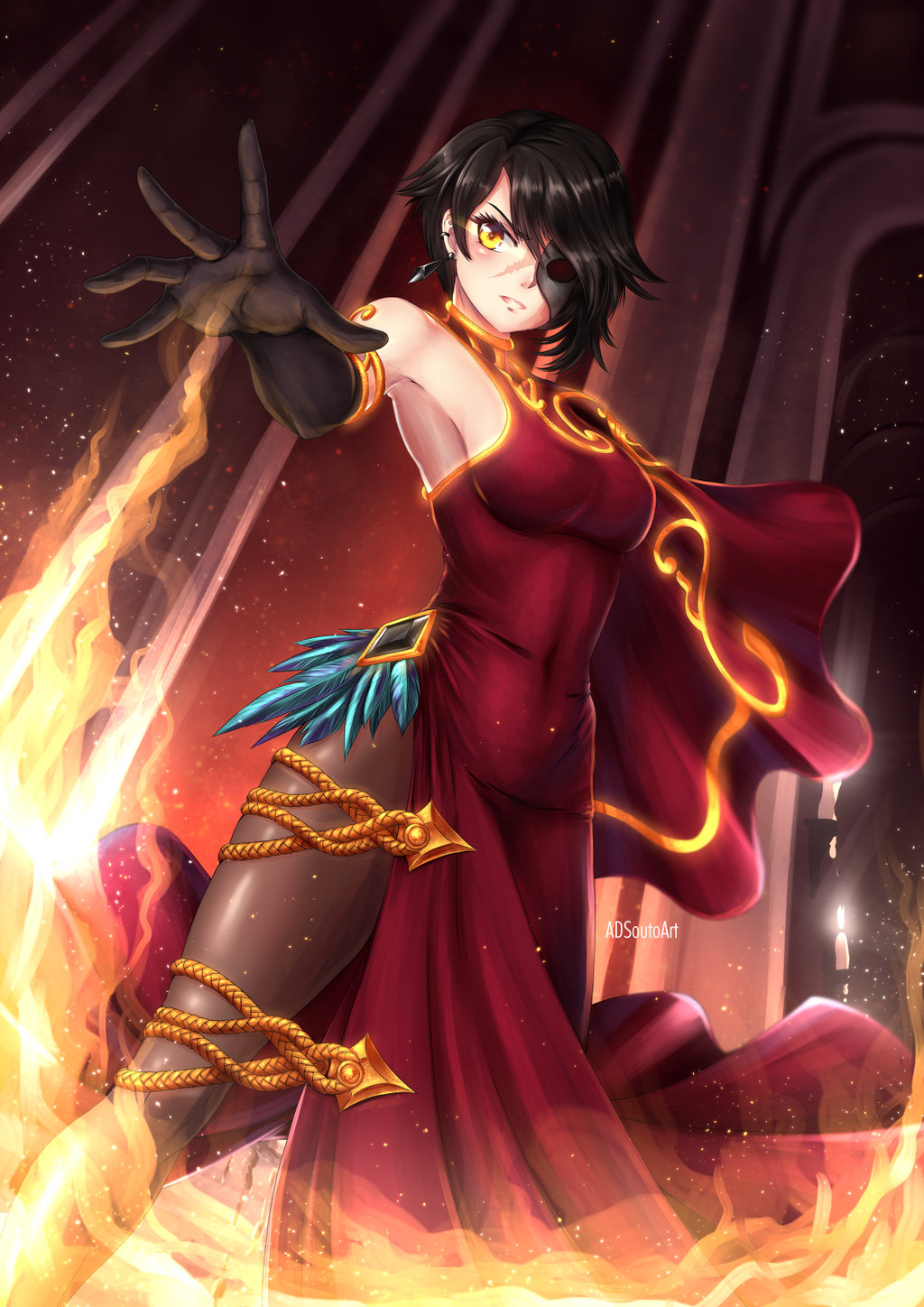 1girl adsoutoart black_hair cinder_fall dress fire gloves hair_over_one_eye highres magic rwby scar scar_across_eye solo thigh-highs