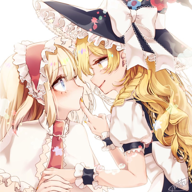 2girls alice_margatroid blonde_hair blue_eyes blush bow braid capelet eye_contact face-to-face finger_to_mouth frills from_side hairband hat hat_bow kirisame_marisa lolita_hairband long_hair looking_at_another mokokiyo_(asaddr) multiple_girls nail_polish neck_ribbon profile puffy_short_sleeves puffy_sleeves ribbon short_sleeves side_braid sidelocks signature simple_background smile touhou wavy_hair white_background witch_hat wrist_cuffs yellow_eyes yellow_nails