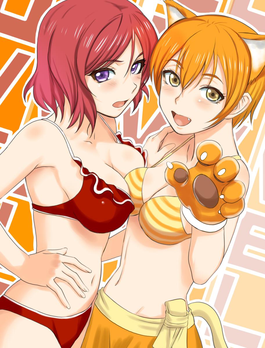 2girls :d animal_ears bikini blush breasts cleavage fang gloves hand_on_another's_shoulder hand_on_hip highres hoshizora_rin looking_at_viewer love_live! love_live!_school_idol_project medium_breasts multiple_girls navel nishikino_maki open_mouth orange_hair oretoreon paw_gloves paws red_bikini redhead smile striped striped_bikini swimsuit violet_eyes
