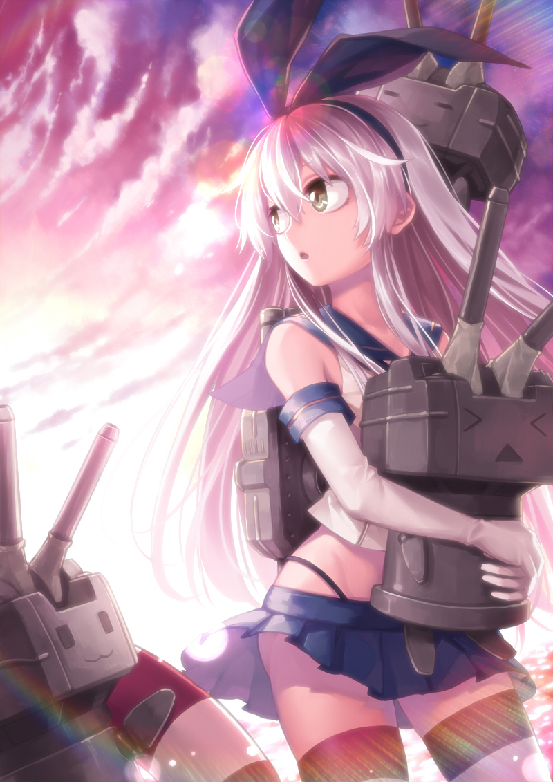 &gt;_&lt; 1girl :3 :o blonde_hair brown_eyes carrying closed_eyes clouds curry_bowl dutch_angle elbow_gloves gloves hairband highleg highleg_panties hug hug_from_behind innertube kantai_collection lens_flare long_hair looking_to_the_side open_mouth outdoors panties pleated_skirt rainbow rensouhou-chan revision shimakaze_(kantai_collection) skirt sky solo sunlight sunset thigh-highs underwear water