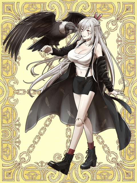 1girl artist_request bird boots breasts coat condor doll_joints facial_mark falconry feather_print hair_ornament large_breasts long_hair miniskirt off_shoulder original red_eyes skirt smile suspenders tank_top walking white_hair wings