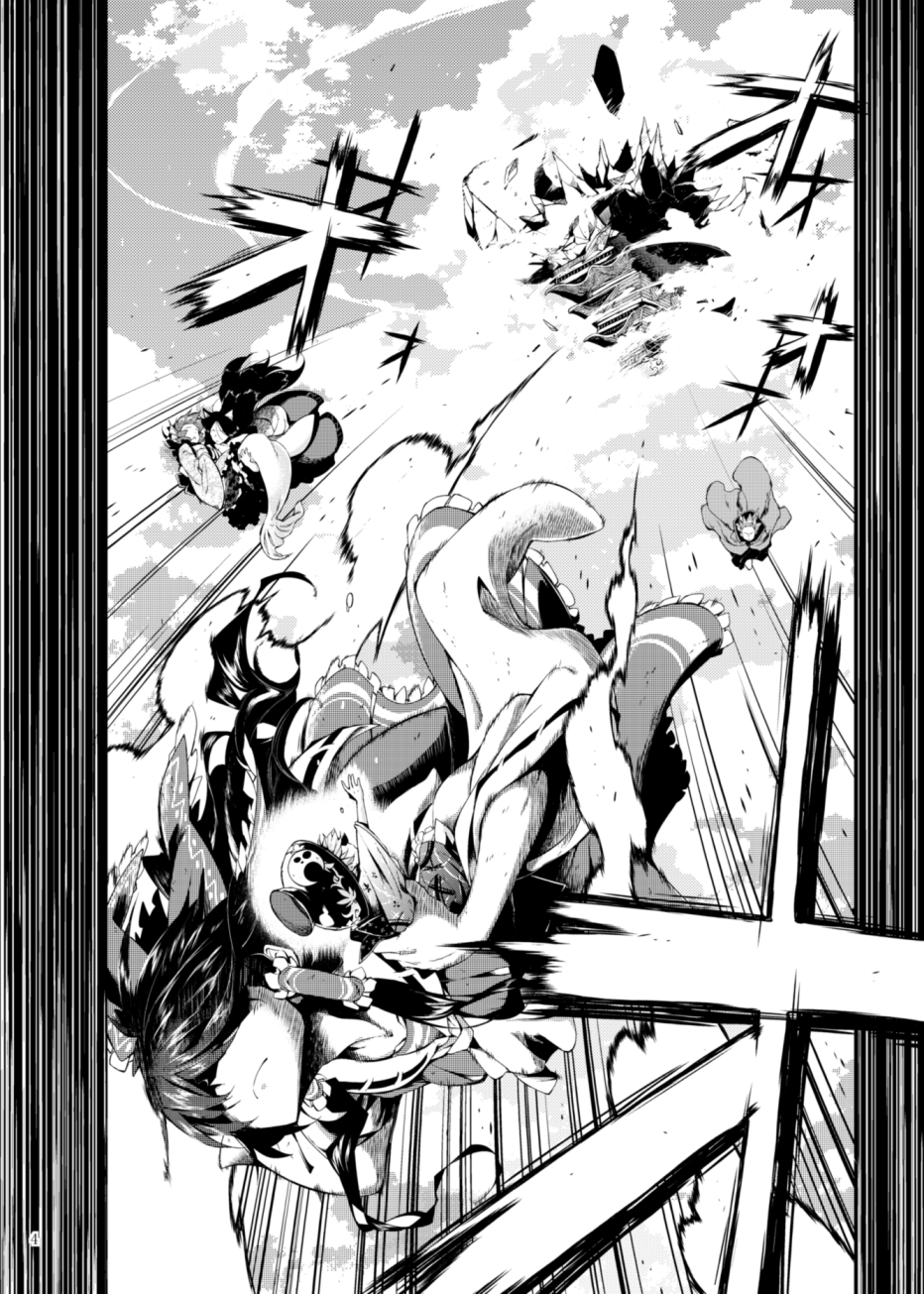 5girls animal_ears bow bowl bowl_hat cape comic detached_sleeves dress fish_tail greyscale hair_bow hair_tubes hakurei_reimu hat head_fins highres hokuto_(scichil) imaizumi_kagerou japanese_clothes kimono mermaid minigirl monochrome monster_girl multiple_girls sekibanki shining_needle_castle sukuna_shinmyoumaru touhou translation_request wakasagihime wolf_ears