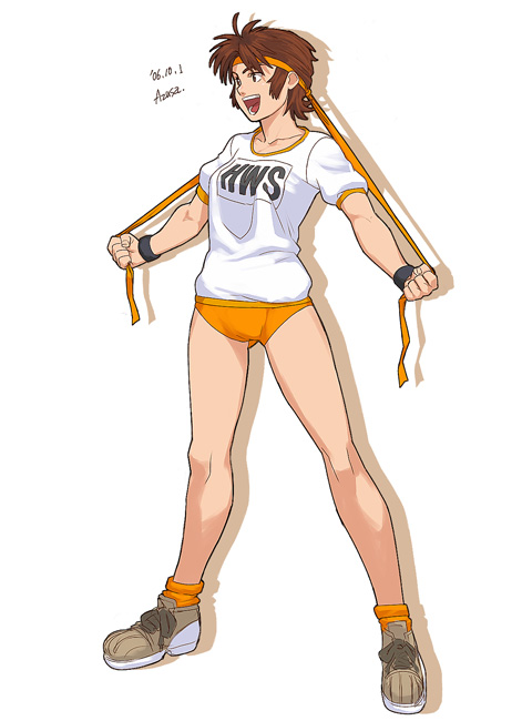 1girl azusa_(hws) brown_eyes brown_hair buruma gym_uniform headband original short_hair solo wristband