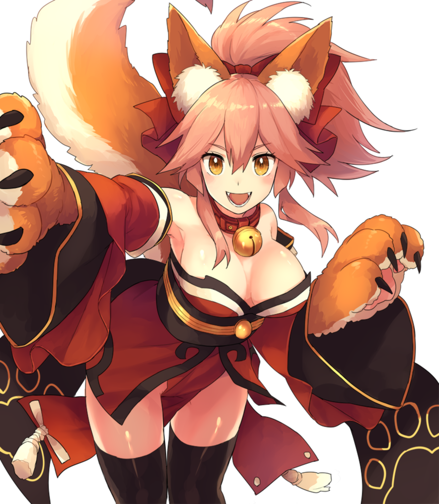 1girl animal_ears bell bell_collar breasts cleavage collar fangs fate/grand_order fate_(series) fox_ears fox_tail guwatefu hair_ribbon large_breasts long_hair looking_at_viewer open_mouth paws pink_hair ribbon simple_background solo tail tamamo_(fate)_(all) tamamo_cat_(fate) white_background yellow_eyes