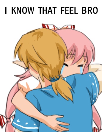 1boy 1girl bow closed_eyes commentary_request crying eyebrows_visible_through_hair fujiwara_no_mokou grey_hair hair_bow hug link long_hair long_sleeves lowres pointy_ears ponytail shangguan_feiying short_sleeves simple_background tears text the_legend_of_zelda the_legend_of_zelda:_breath_of_the_wild touhou very_long_hair