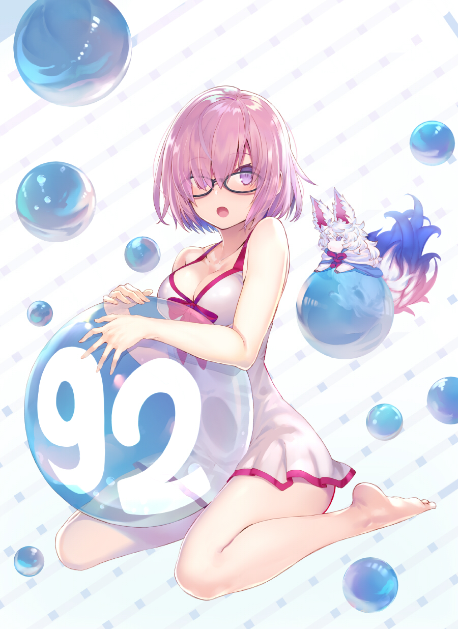 1girl :o ball bare_arms bare_legs black-framed_eyewear blush breasts casual_one-piece_swimsuit cleavage collarbone comiket_92 eyebrows_visible_through_hair eyes fate/grand_order fate_(series) folded_leg fou_(fate/grand_order) full_body glasses hair_over_one_eye halterneck highres holding holding_ball kneeling looking_at_viewer medium_breasts one-piece_swimsuit open_mouth pink_hair see-through shielder_(fate/grand_order) shirabi short_hair simple_background sitting swimsuit violet_eyes wariza white_swimsuit