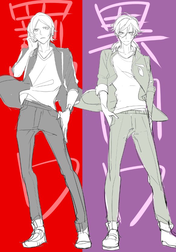 2boys alternate_costume arms_at_sides full_body looking_at_viewer male_focus multiple_boys nanjou_tatsuya persona persona_1 persona_2 persona_dancing_night shoes short_hair simple_background sneakers toudou_naoya two-tone_background