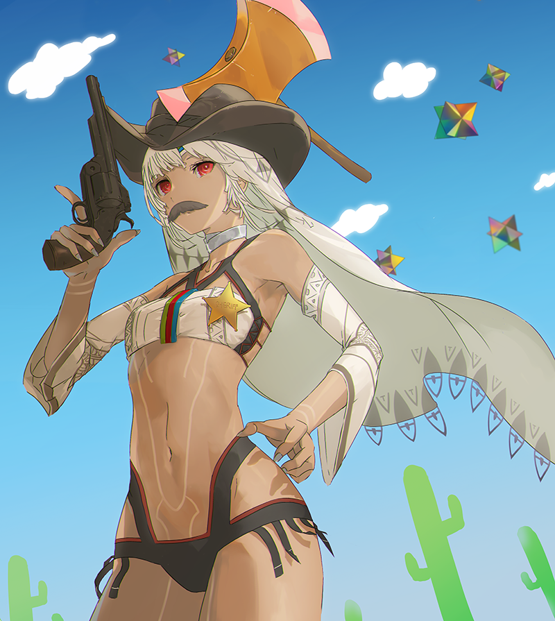 1girl altera_(fate) axe bare_shoulders breasts cactus clouds commentary_request cowboy_hat dark_skin detached_sleeves facial_hair fate/grand_order fate_(series) gun handgun hat huke mustache nail_polish navel red_eyes revolver saint_quartz sheriff_badge small_breasts solo star veil weapon white_hair