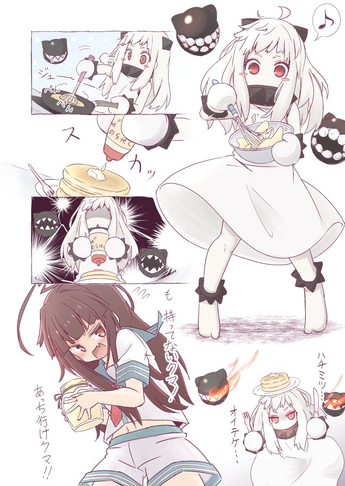 &gt;:o 2girls :o ahoge blush_stickers bowl brown_eyes brown_hair butter_knife commentary_request cooking enemy_aircraft_(kantai_collection) fang food fork frying_pan fujisaki_yuu full_body honeypot horns kantai_collection kuma_(kantai_collection) long_hair mittens multiple_girls musical_note northern_ocean_hime pancake plate red_eyes school_uniform serafuku shaded_face shorts skirt spatula spoken_musical_note standing surprised teeth translation_request whisk white_hair white_skirt