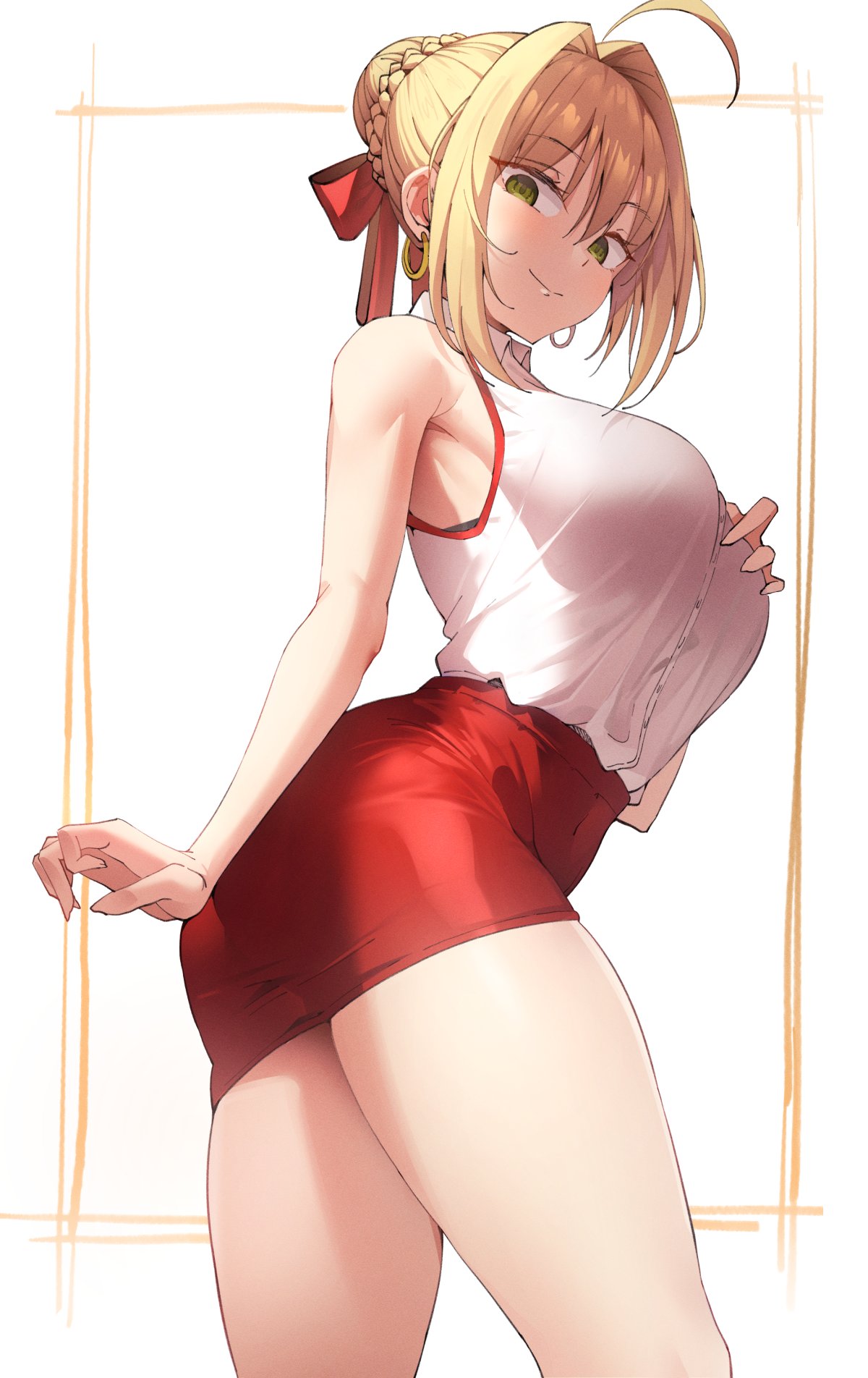 1girl ahoge ass bangs bare_shoulders blonde_hair blush braid breasts closed_mouth collared_shirt earrings fate/extra fate_(series) french_braid green_eyes hair_between_eyes hair_bun hair_intakes hair_ribbon highres jewelry k_pring large_breasts long_hair looking_at_viewer nero_claudius_(fate) nero_claudius_(fate)_(all) pencil_skirt red_ribbon red_skirt ribbon shirt simple_background skirt sleeveless smile solo thighs white_background white_shirt