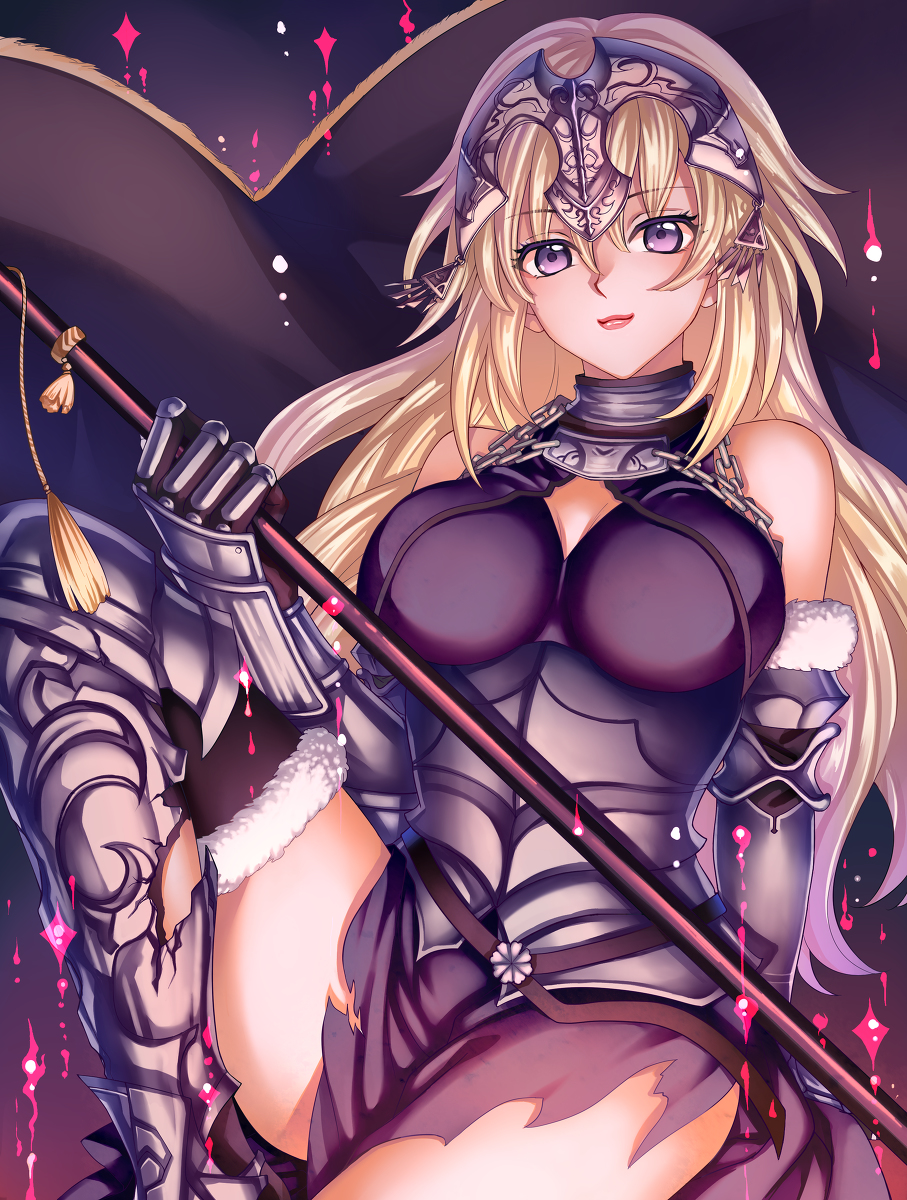 1girl armor blonde_hair blue_eyes breasts cleavage closed_mouth eyebrows_visible_through_hair fate/grand_order fate_(series) flag headpiece highres holding_flag large_breasts long_hair looking_at_viewer ruler_(fate/apocrypha) smile solo xuobian_de_dan_youdian_yang