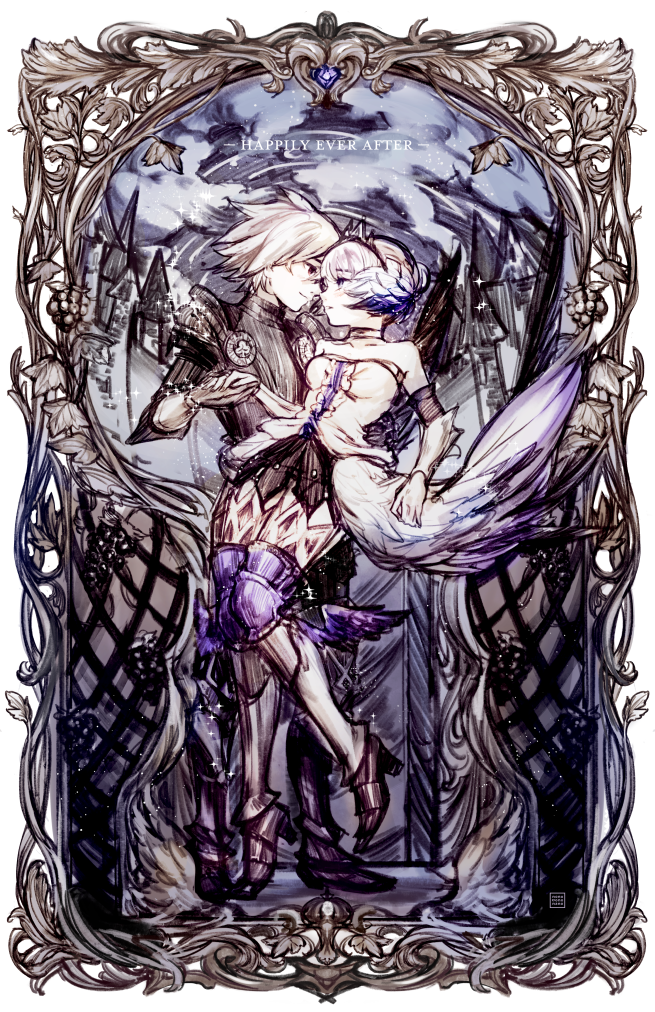 1boy 1girl arm_around_waist armor armored_boots bare_shoulders blonde_hair boots breasts building closed_mouth collarbone english face-to-face full_body gwendolyn hands_together high_heels k_(sktchblg) light_smile medium_breasts odin_sphere oswald parted_lips profile revision short_hair standing tiara