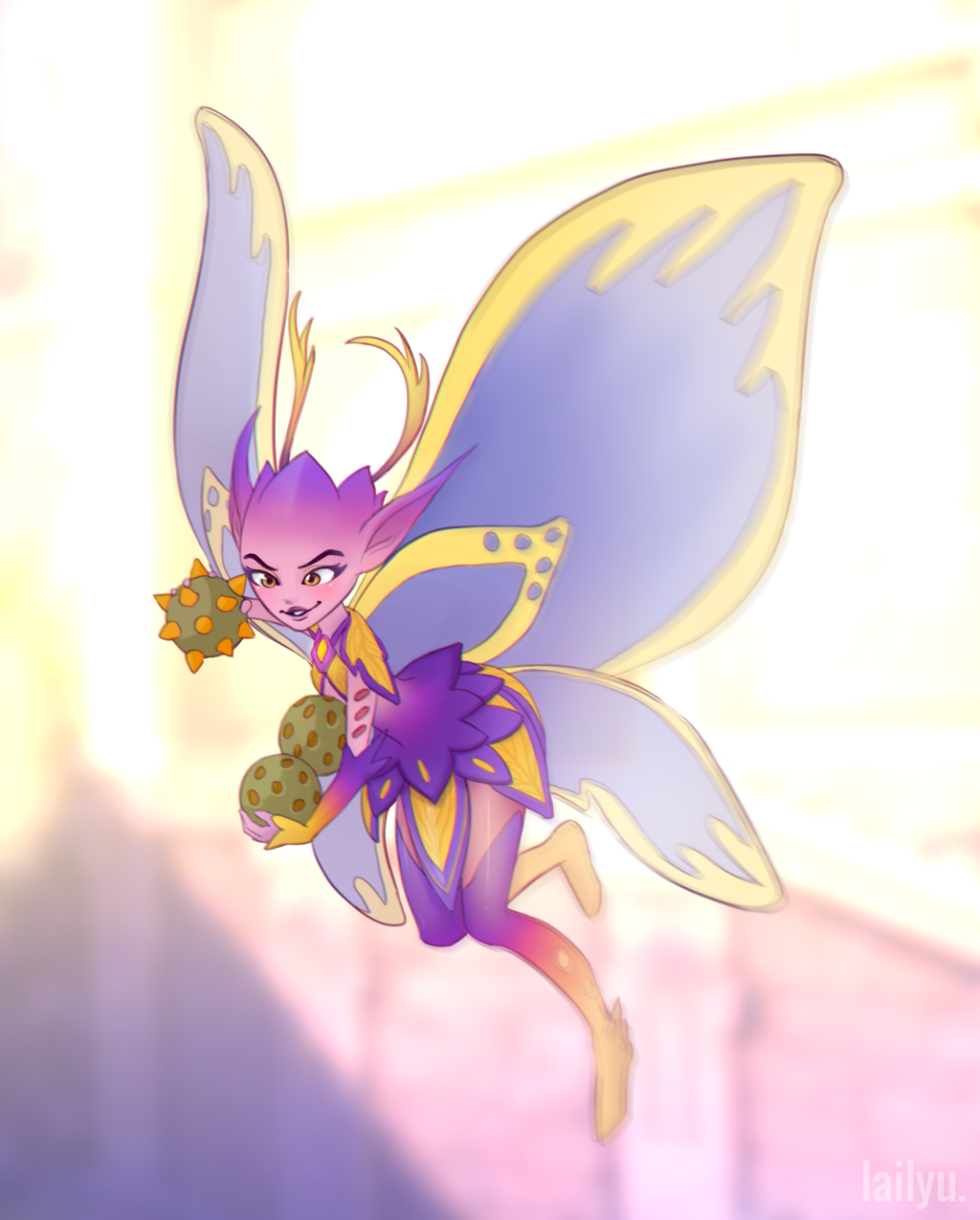 1girl antennae artist_name blush bomb boots fairy fairy_wings highres lailyu paladins pantyhose pink_skin pointy_ears solo teeth willo_(paladins) wings yellow_eyes