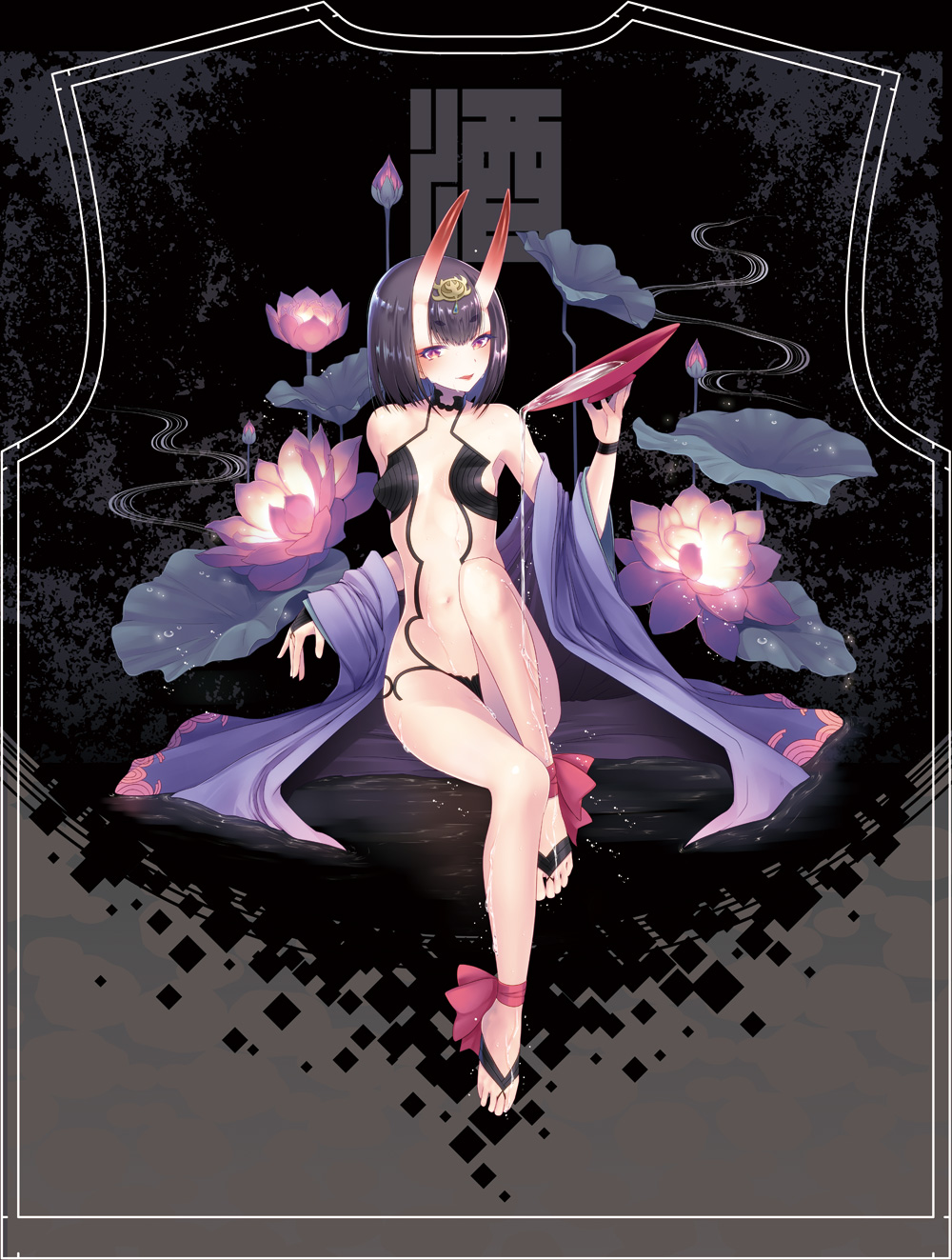 108_gou 1girl bangs bare_shoulders black_hair blush breasts cup eyebrows_visible_through_hair fate_(series) full_body headpiece highres holding horns japanese_clothes knee_up lily_pad looking_at_viewer navel oni oni_horns parted_lips pouring revealing_clothes sakazuki shawl short_hair shuten_douji_(fate/grand_order) sitting small_breasts smile solo thick_eyebrows toeless_legwear violet_eyes