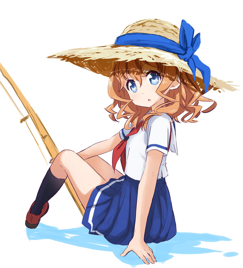 1girl abe_kanari black_legwear blue_eyes blue_skirt brown_hair fishing_rod hat high_school_fleet loafers looking_at_viewer neckerchief pleated_skirt red_neckerchief school_uniform serafuku shoes short_hair simple_background sitting skirt solo sun_hat wavy_hair white_background white_sailor_collar yanagiwara_maron