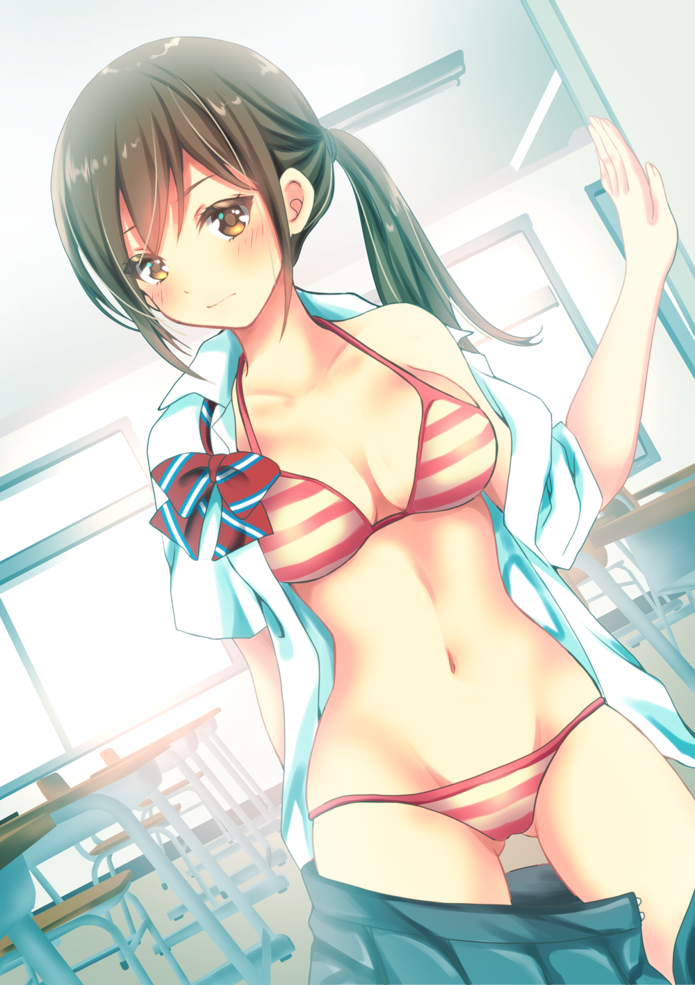 1girl bikini black_hair breasts brown_eyes cowboy_shot dutch_angle gluteal_fold highres long_hair medium_breasts navel original ponytail school_uniform sheepd solo striped striped_bikini swimsuit swimsuit_under_clothes undressing