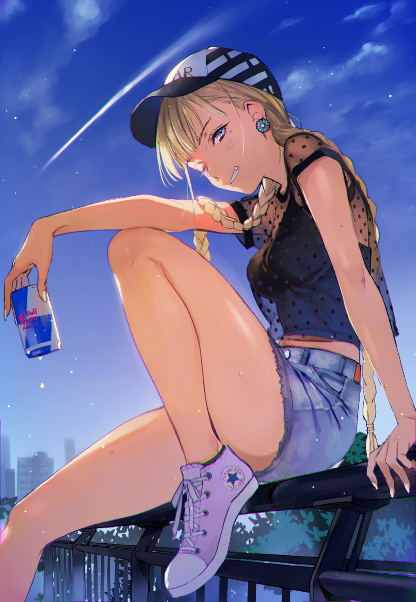 1girl ;) bangs baseball_cap blonde_hair blue_eyes blue_sky blunt_bangs braid camisole can condensation_trail converse denim denim_shorts earrings evening from_side g.g.lemon grin half-closed_eyes hat highres holding holding_can jewelry knee_up long_hair looking_at_viewer on_railing one_eye_closed original outdoors parted_lips polka_dot polka_dot_shirt purple_shoes red_bull see-through shirt shoes short_shorts shorts sitting sitting_on_railing sky smile sneakers solo summer teeth thighs twin_braids very_long_hair