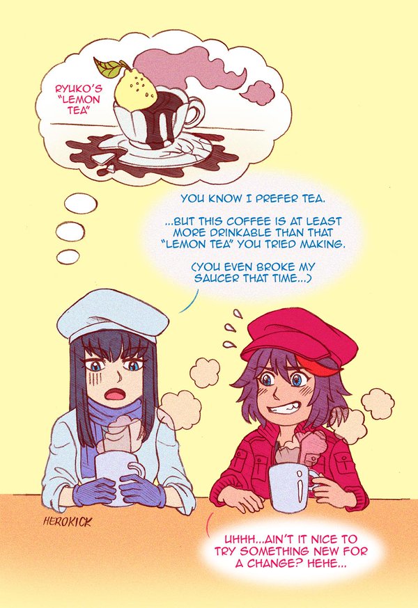 beret blue_eyes broken_plate coffee_mug embarrassed flashback food fruit hat herokick kill_la_kill kiryuuin_satsuki lemon long_hair matoi_ryuuko remembering scarf spill steam talking tea thick_eyebrows thought_bubble