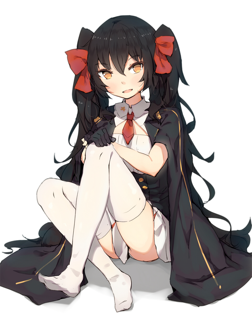 1girl :d black_gloves black_hair cape eyebrows_visible_through_hair full_body girls_frontline gloves hair_between_eyes hair_ribbon highres long_hair looking_at_viewer mini_necktie no_shoes open_mouth qbz-97_(girls_frontline) ribbon shone simple_background sitting skirt smile solo thigh-highs twintails very_long_hair white_background white_legwear white_skirt yellow_eyes