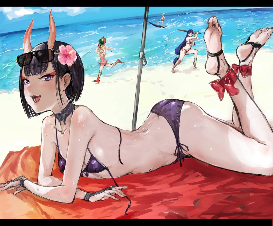 4girls :d ass barefoot beach bikini black_hair blindfold blonde_hair breasts cleavage fate/grand_order fate_(series) feet flower food fruit hair_flower hair_ornament horns ibaraki_douji_(fate/grand_order) long_hair looking_at_viewer lying minamoto_no_raikou_(fate/grand_order) mordred_(swimsuit_rider)_(fate) multiple_girls ocean on_stomach one-piece_swimsuit oni open_mouth osakana_(denpa_yun'yun) pink_swimsuit purple_bikini purple_hair saber_of_red shuten_douji_(fate/grand_order) smile soles sunglasses sunglasses_on_head surfboard surfing swimsuit teeth toes tongue violet_eyes watermelon